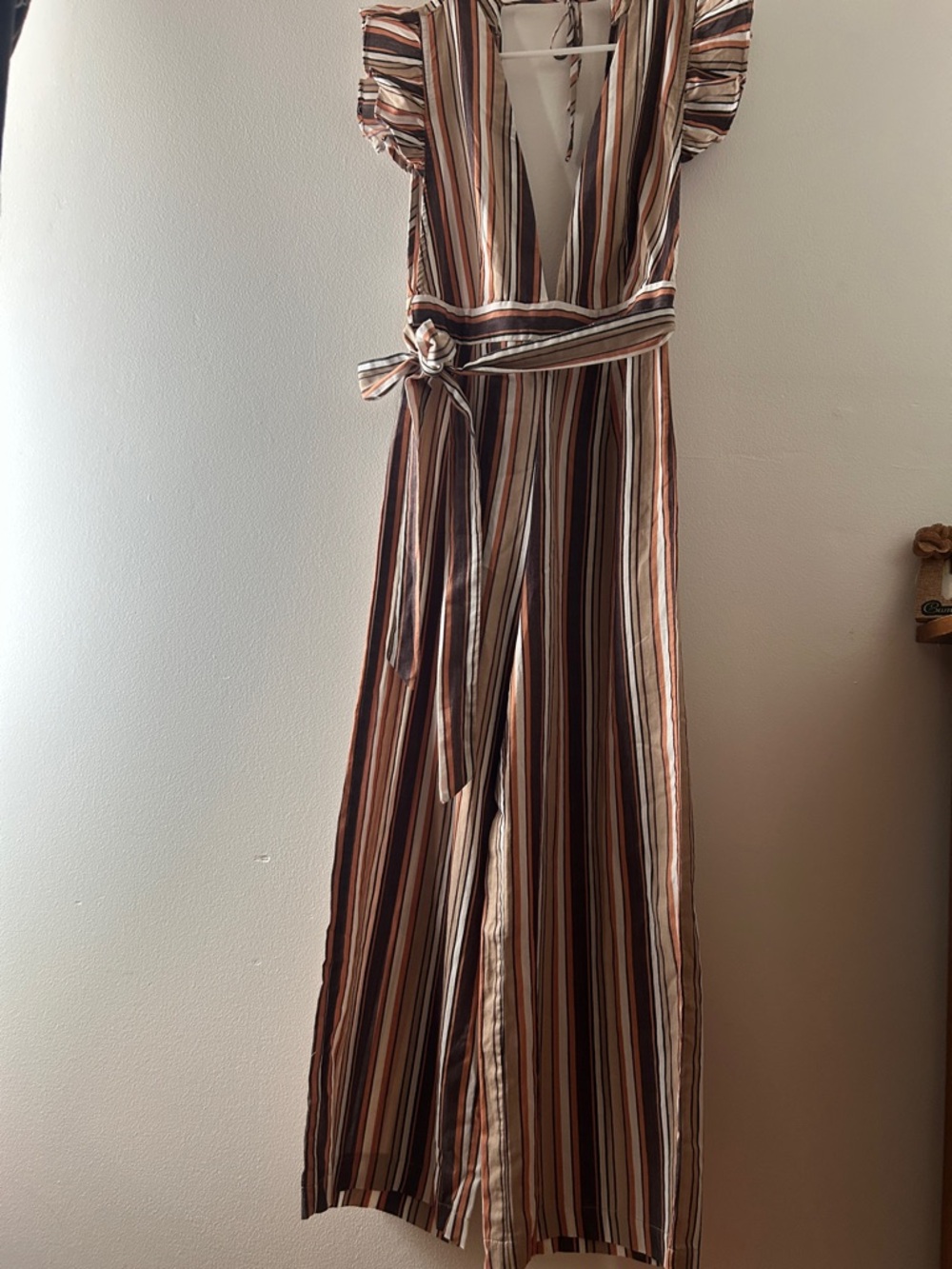 Striped Brown and Cream Straight-Leg Jumpsuit with Tie Waist